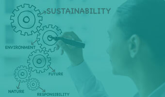 Nachhaltigkeitsmanagerin malt ein Schaubild mit Zahnrädern